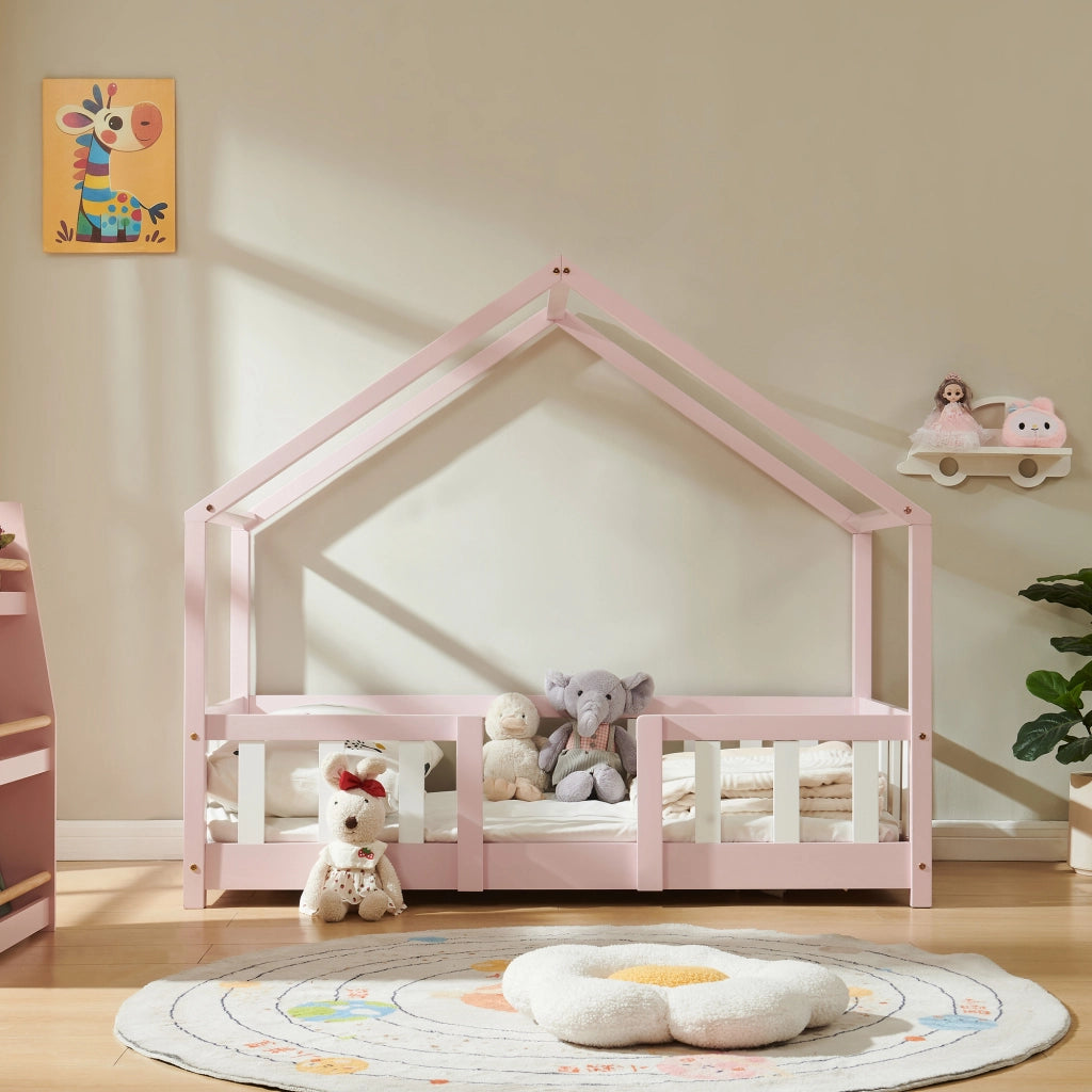 Letto per Cameretta Treviolo a Forma di Casetta in Stile Montessori 70x140 cm Rosa/Bianco [en.casa]