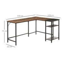 Scrivania Angolare in Stile Industriale con Ripiano Laterale, in Legno e Metallo Nero, 150x120x75cm