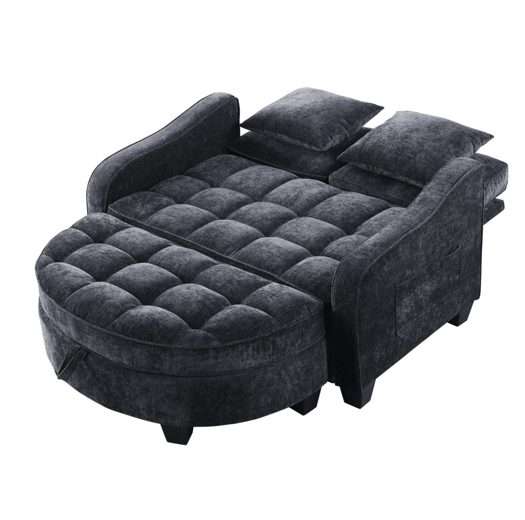Divano letto 132x129x93 cm convertibile con pouf contenitore in legno di eucalipto nero