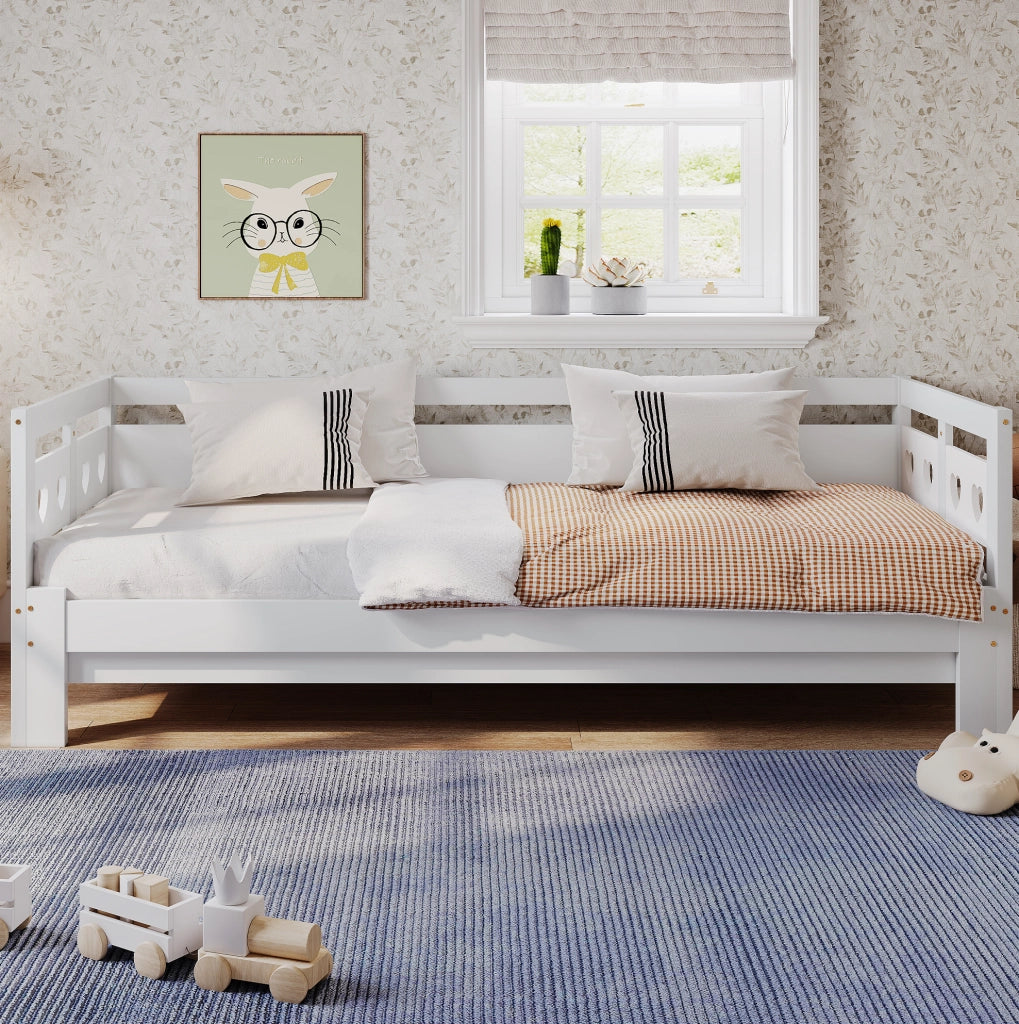 Daybed estraibile a cuore 90-182x190 cm in legno di pino e MDF bianco