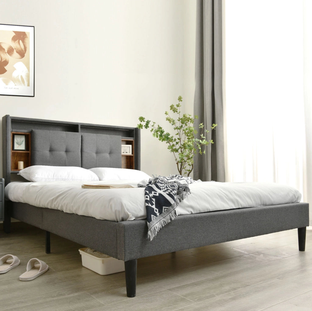 Letto imbottito con testiera contenitore; USB e LED; 160x200 cm; grigio
