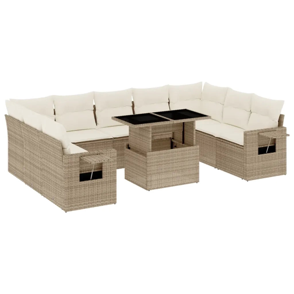 Set Divano da Giardino 10 pz con Cuscini Beige in Polyrattan