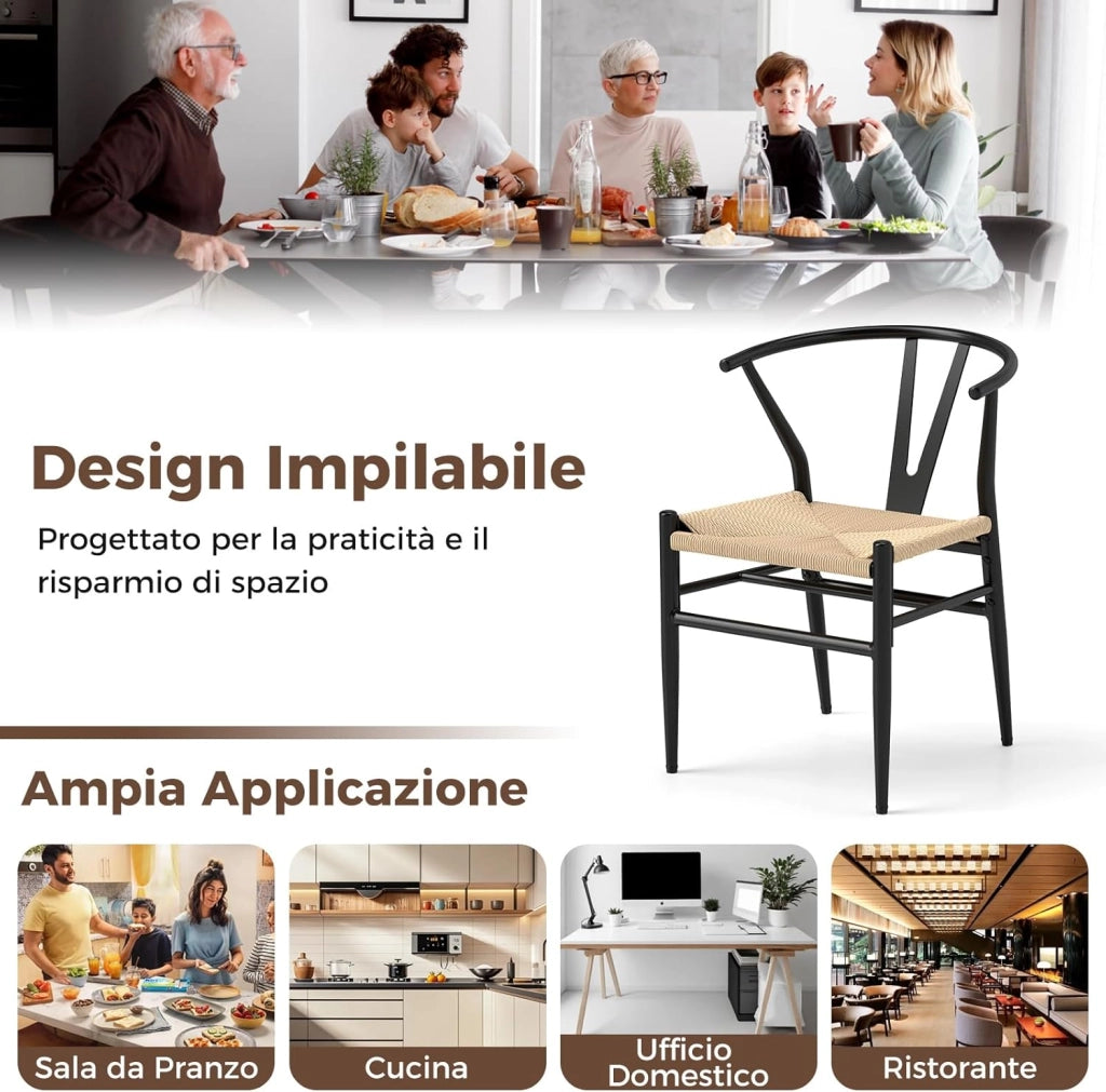 Set di 2 Sedie Sala da Pranzo, Sedie Impilabile Moderna in Metallo con Seduta Intrecciato, Schienale a Forma di Y e Braccioli, Poltrone per Ufficio, Cucina e Ristorante (Nero e Naturale)