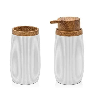 Set accessori bagno con dispenser e portaspazzolini bianco cannettato ed effetto legno Blob