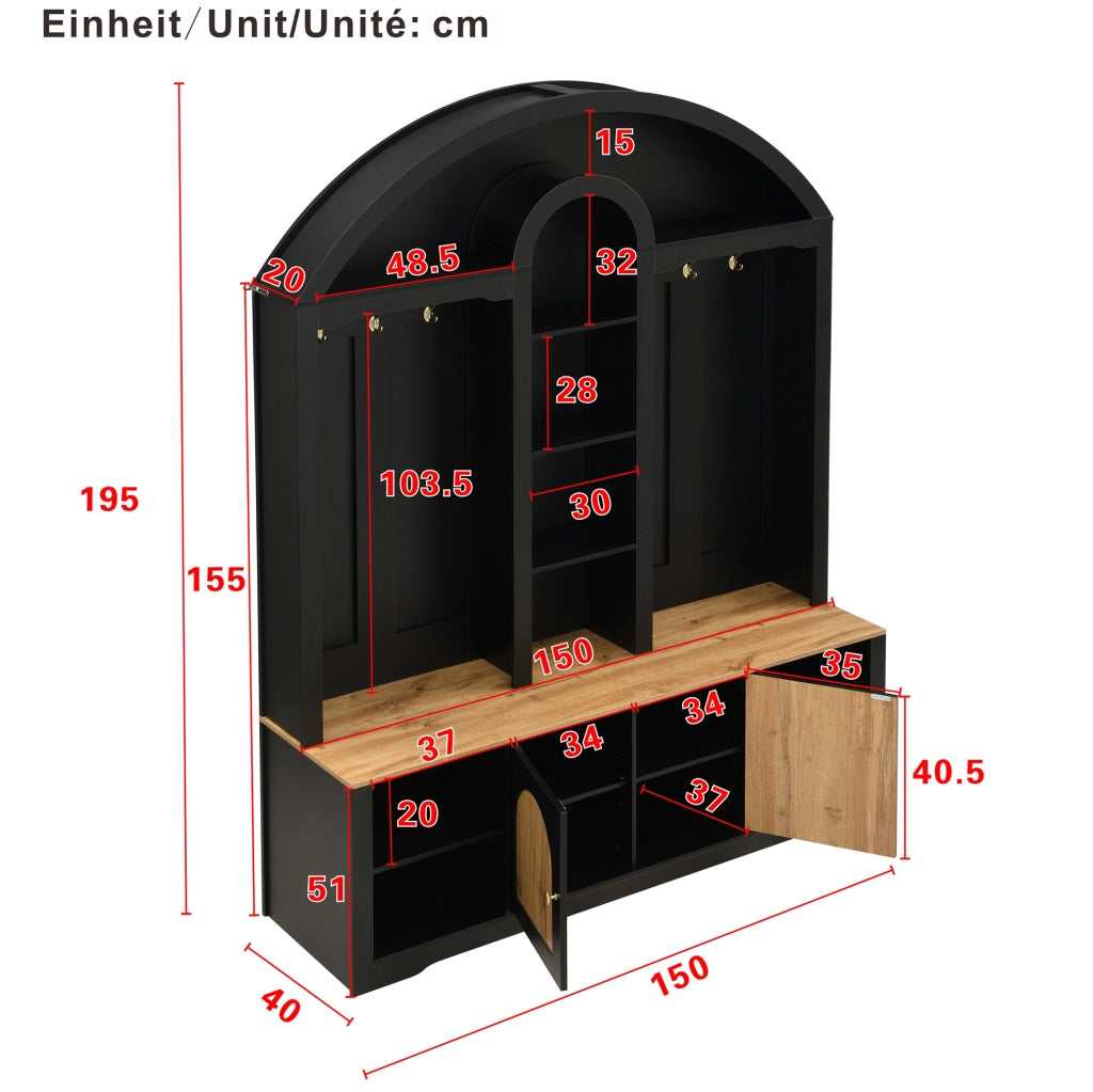 Garderoba da ingresso ad arco con ante; ripiani aperti e ganci; 150x40x195 cm; nero in MDF