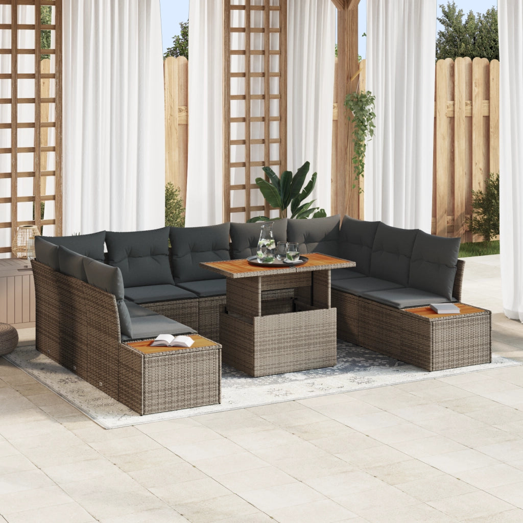 Set da Giardino 10 Pezzi con Cuscini Grigio in Polyrattan e Acacia