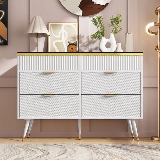 Comodino, Bianco, Vetro Amber, con 6 ripiani, divisori, stabilità anti-scivolo, 120 x 40 x 76 cm