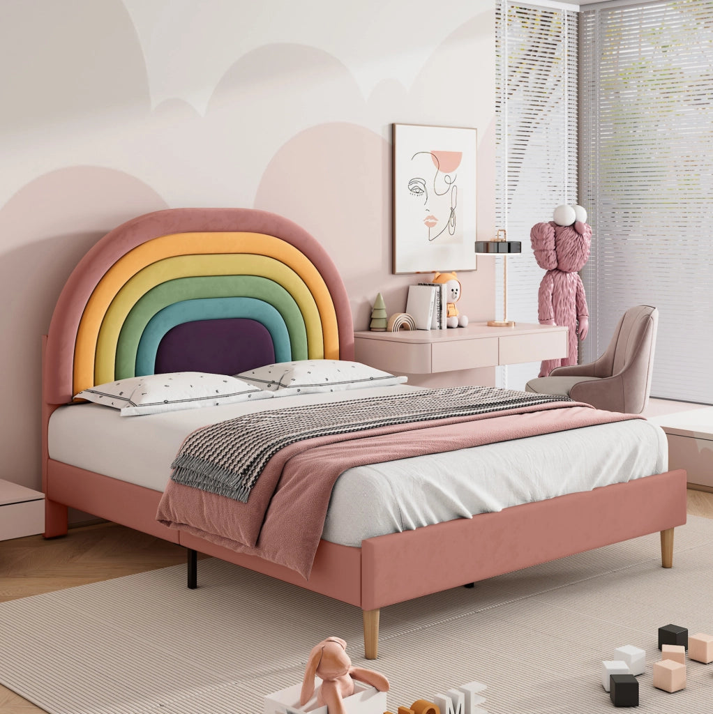 Letto imbottito rosa 140 x 200 cm in velluto con testiera regolabile