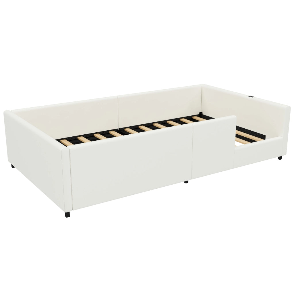 Letto singolo imbottito 90×200 cm con barriera di sicurezza, porte USB e USB-C, senza materasso, bianco