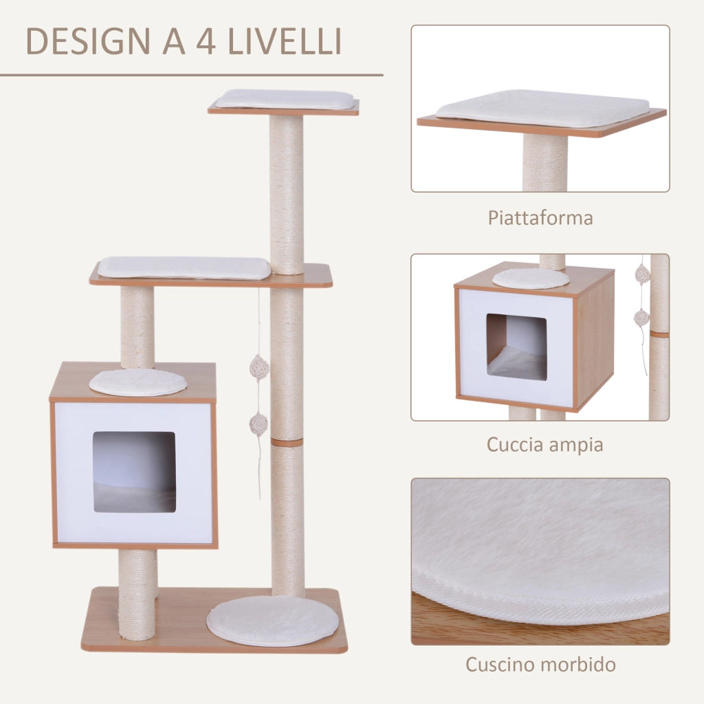 EasyComfort Tiragraffi Gatto Altezza 120cm con Cuccia Piattaforme e Giochi Sisal, MDF 71.5x49.5x120cm legno, bianco