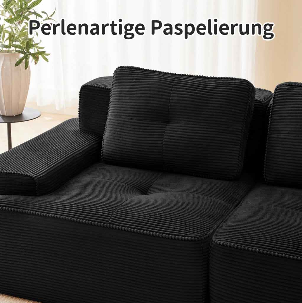 Divano modulare 4 posti in corduroy nero con seduta profonda 382x177x69 cm