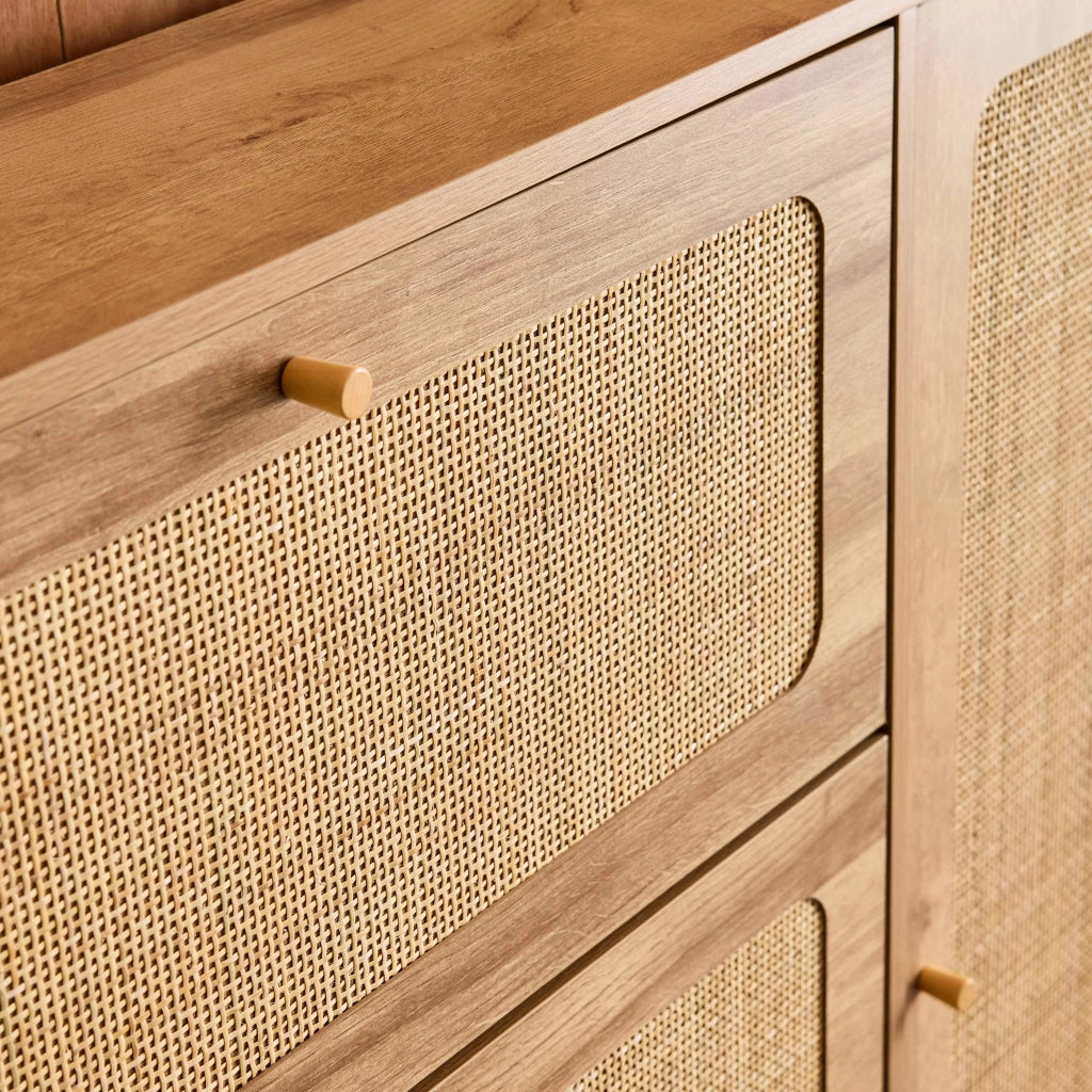 Scarpiera con decoro in legno e canna, 3 ante, marrone naturale