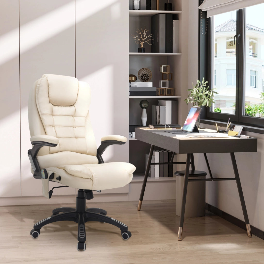 Sedia da ufficio ergonomica con massaggio a 6 punti riscaldamento e funzione girevole in pelle rigenerata beige