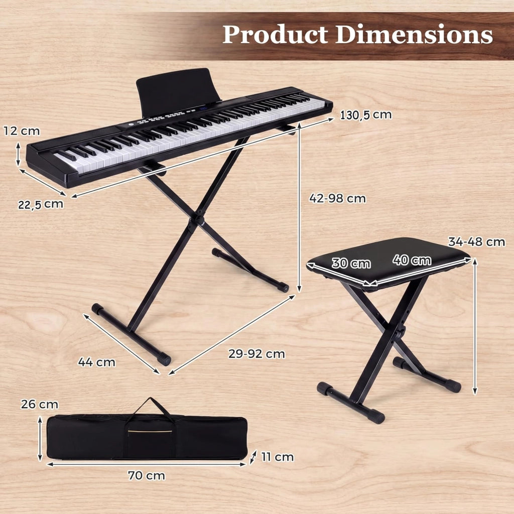 Tastiera per pianoforte a 88 tasti, pianoforte digitale con sgabello, supporto regolabile, auricolari, tastiera elettronica con tasti illuminati, borsa per principianti, adulti (nero)