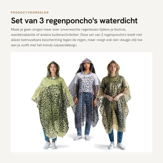 Set Poncho da 3 pezzi - Impermeabile - Cappuccio - Imbattibile - Unisex - Disegno leopardo - Compatto e leggero - Impermeabile da neve