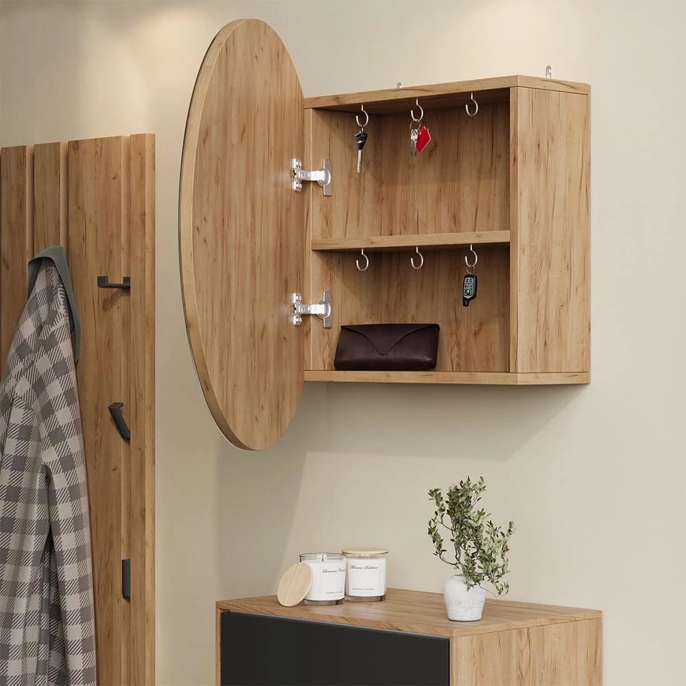 Specchio contenitore bagno Loki, Quercia dorata, 60 x 60 cm con 2 scomparti, per montaggio a parete con specchio e ripiano