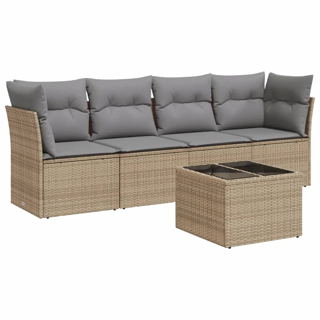 Set Divano da Giardino 5 pz con Cuscini Beige in Polyrattan