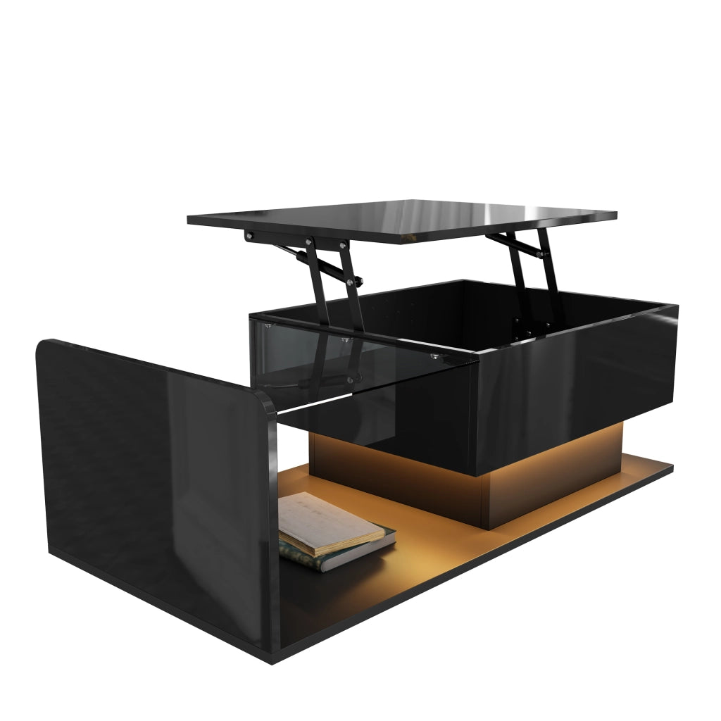 Tavolino da caffè 100x50x33 e 47.5 cm; piano sollevabile con luci LED; pannello truciolare nero