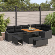Set di divani da giardino  9 pezzi con cuscini, nero, polyrattan, acacia