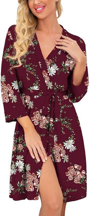 Kimono da bagno per donna leggero, kamerjas corta, abito da notte lavorato a maglia, kamerjas morbido, saunajas (stampa floreale rosso vino, M)