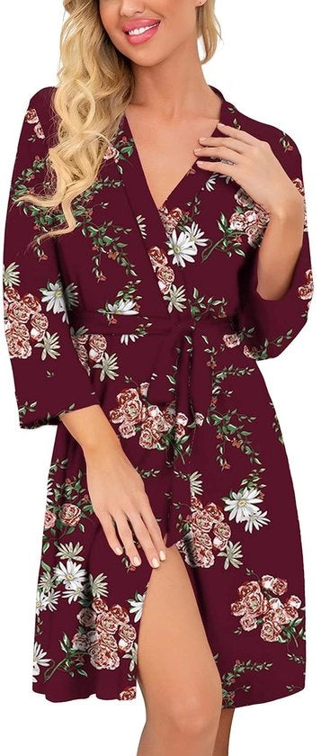 Kimono da bagno per donna leggero, kamerjas corta, abito da notte lavorato a maglia, kamerjas morbido, saunajas (stampa floreale rosso vino, M)