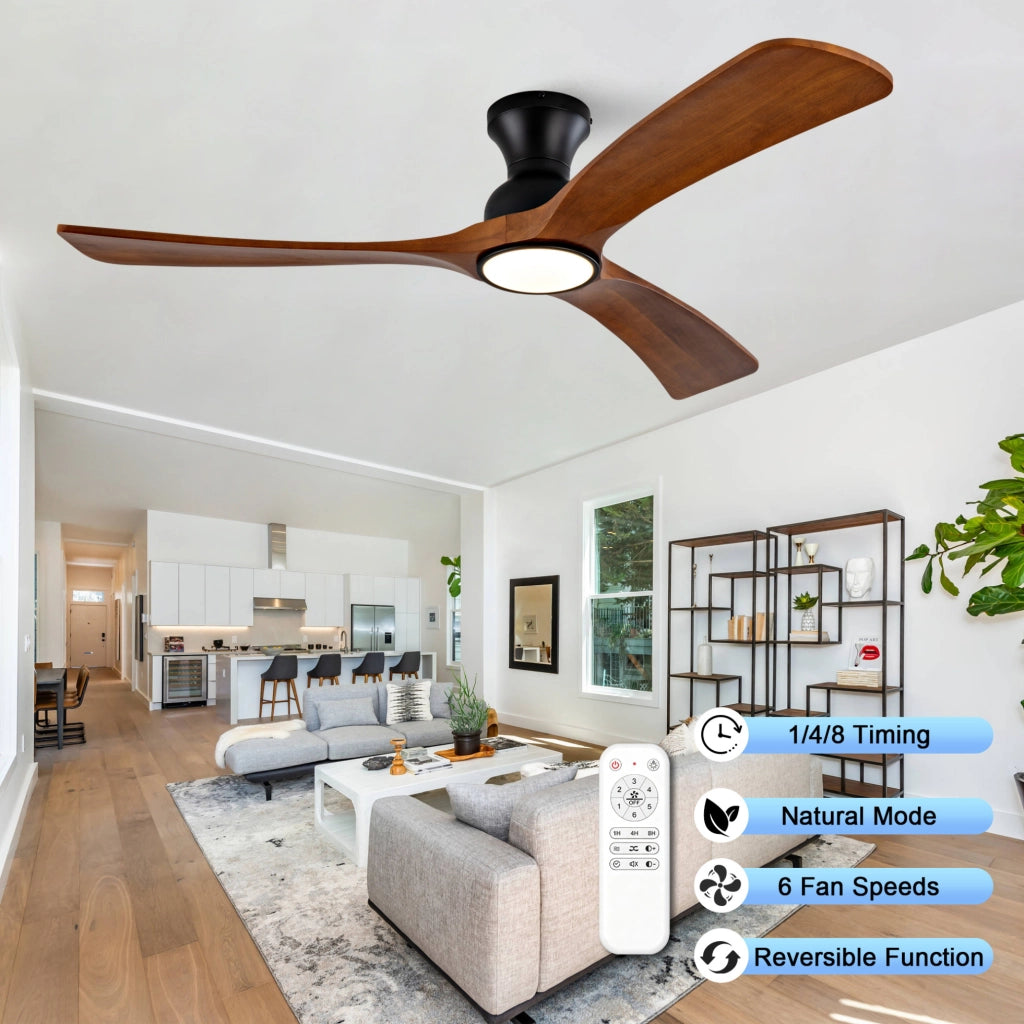 Ventilatore da soffitto con luce LED; 52 pollici; 3 pale in legno noce scuro; nero