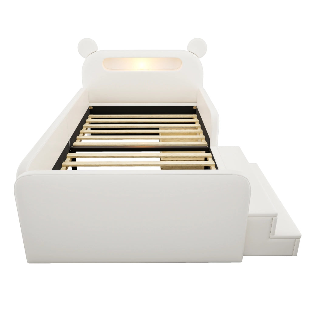 Letto imbottito per bambini con testiera a orso e USB, 90x200 cm, bianco