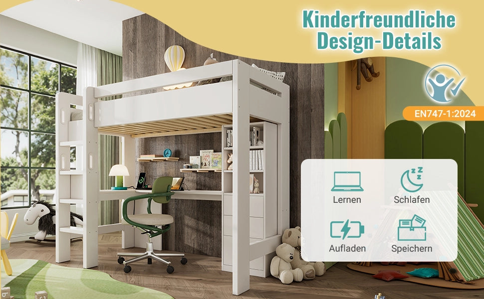 DESMIU Letto a soppalco singolo con scrivania ad angolo, 3 ripiani, 3 cassetti, USB e Type-C 90 × 200 cm senza materasso