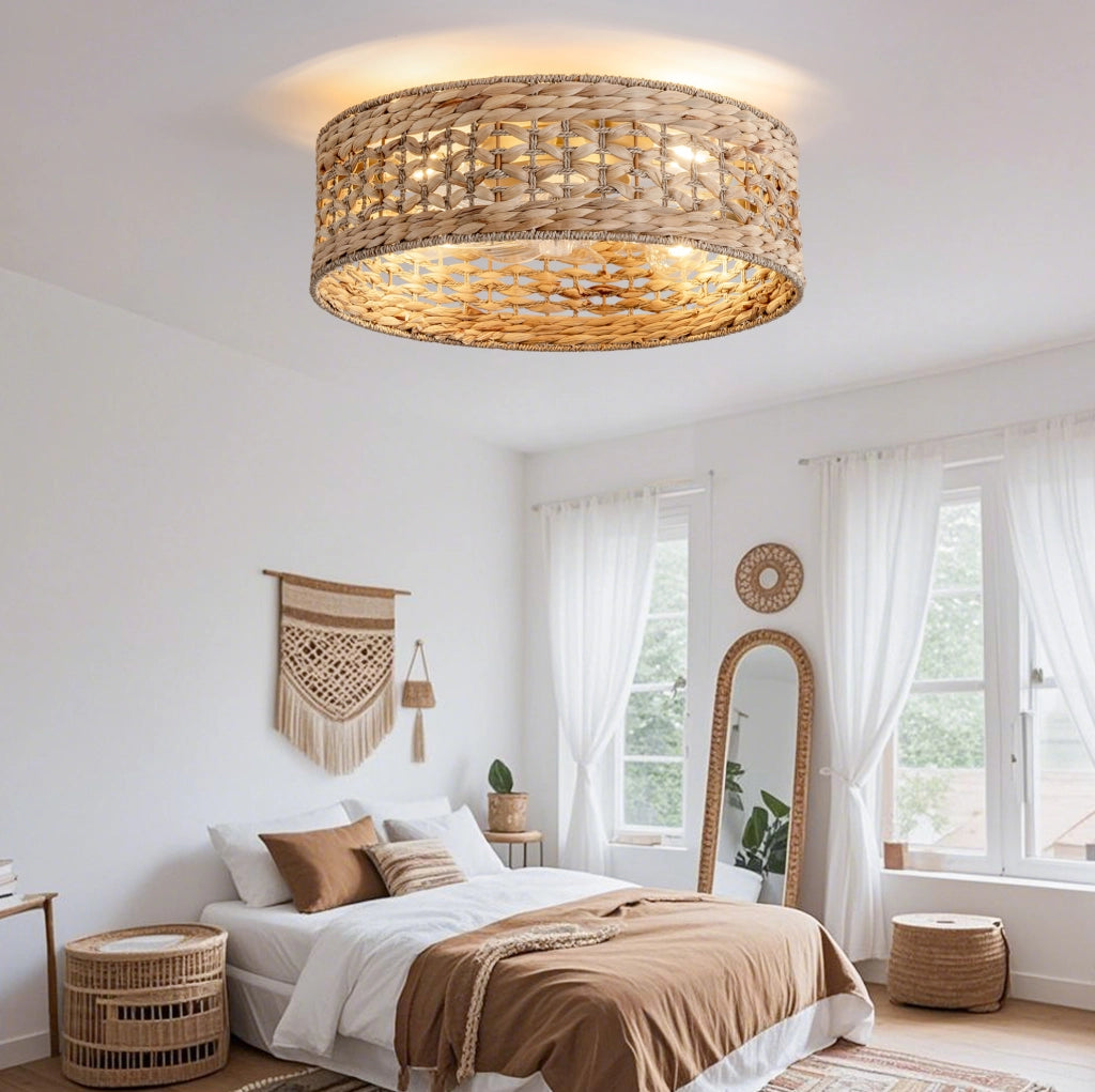 Ventilatore da soffitto con luce in rattan color rame con app e telecomando