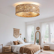 Ventilatore da soffitto con luce in rattan color rame con app e telecomando