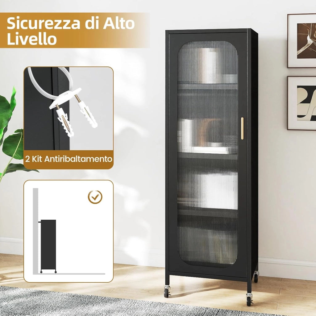 Mobile da Cucina in Metallo a 5 Ripiani, Credenza Salvaspazio con Mensole Regolabili 4 Ruote, Base Intercambiabile e Porta Semitrasparente, Organizzatore per Sala da Pranzo, Soggiorno (Nero)