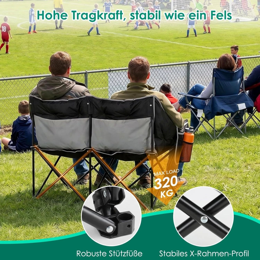 Sedia da Campeggio per 2 Persone, Divano da Campeggio Doppia 320KG, Sedia da Campo Portatile, con Tasca Laterale e posteriore, borsa per il trasporto, per Giardino, Spiaggia, Pesca, Grigio