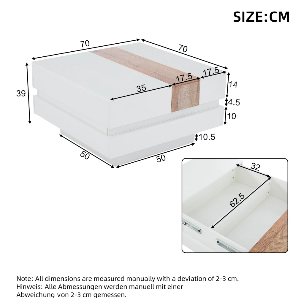 Tavolino da caffè 70x70x39 cm; piano estraibile con vano nascosto; pannello truciolare bianco