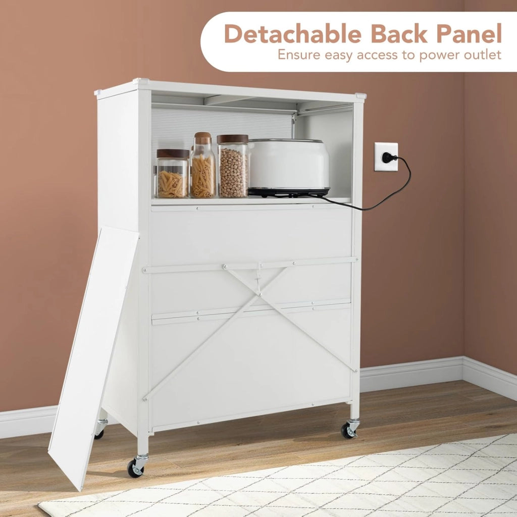 Armadietto da cucina, scaffale da cucina in piedi su ruote, cassettiera da cucina a 4 livelli con ante per PC e pannello posteriore rimovibile, supporto per microonde, 81 x 37 x 115 cm