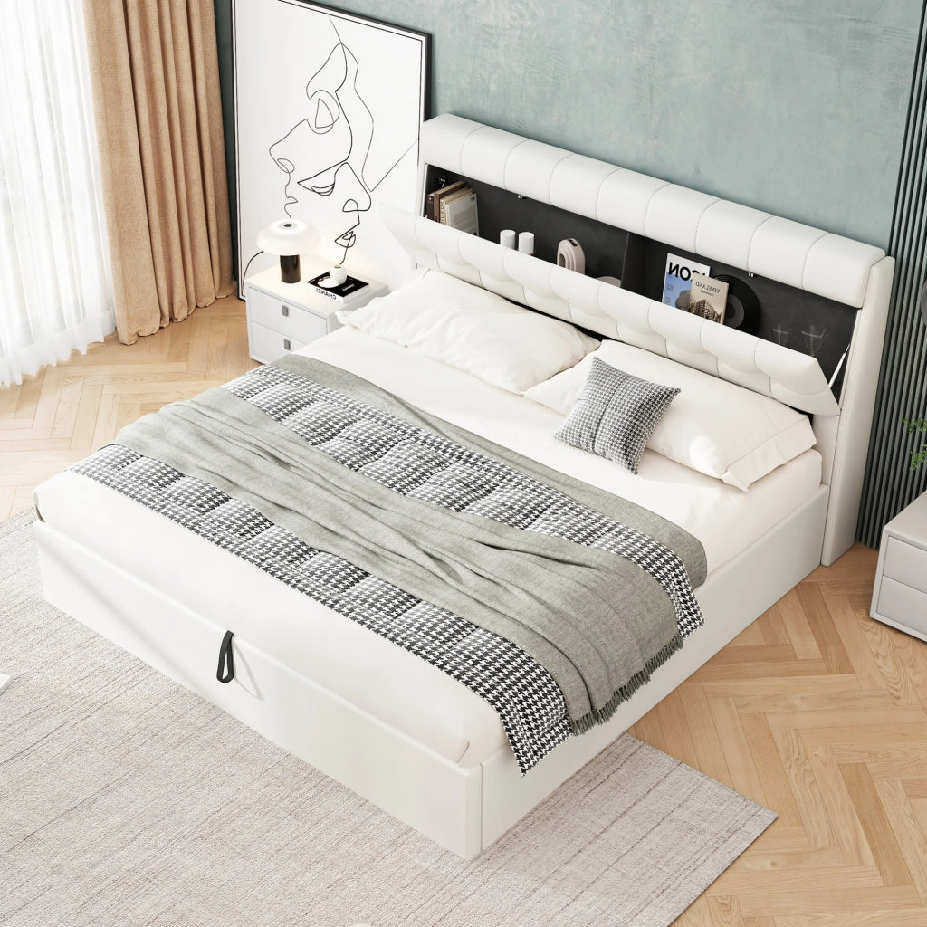 Letto imbottito 160x200 cm con contenitore idraulico e vani nascosti in PU bianco