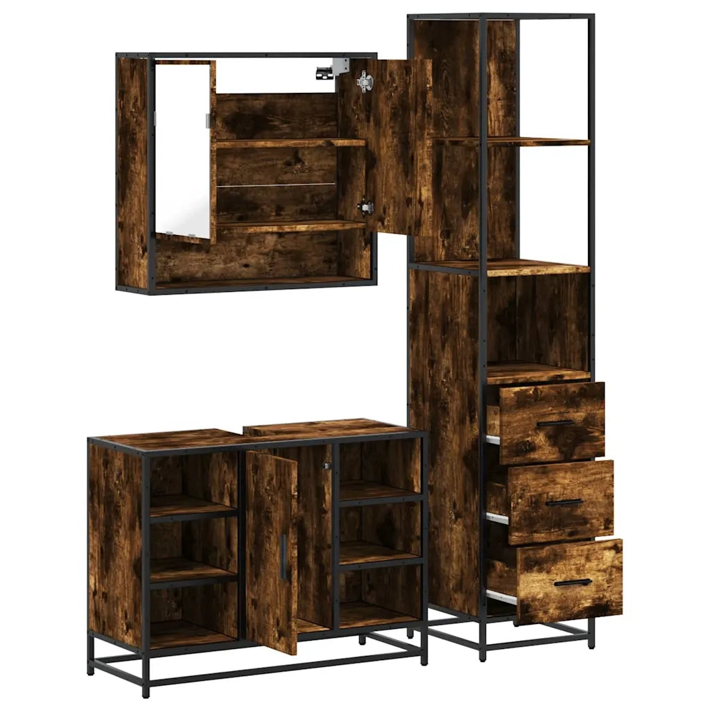 Set Mobili da Bagno 3 pz Rovere Fumo in Legno Multistrato