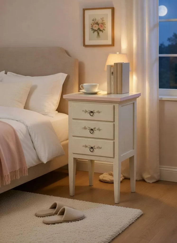 Comodino 3 cassetti bianco filo rosa in legno 43x33x70 (1318) - Mobili 2G