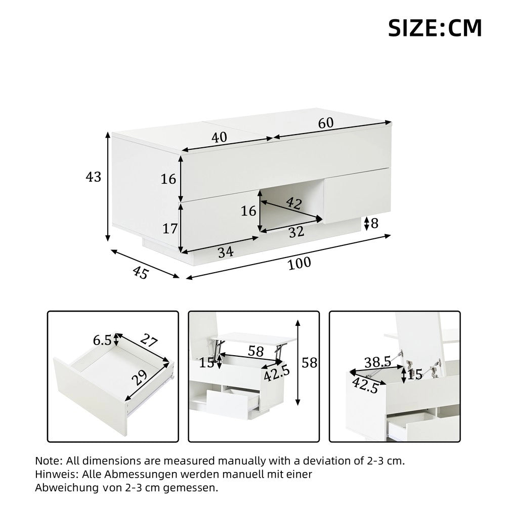 Tavolino da Caff¨¨ Sollevabile con LED e Cassetti ¨C MINIMAL ¨C Bianco, Truciolato, 100x50x43