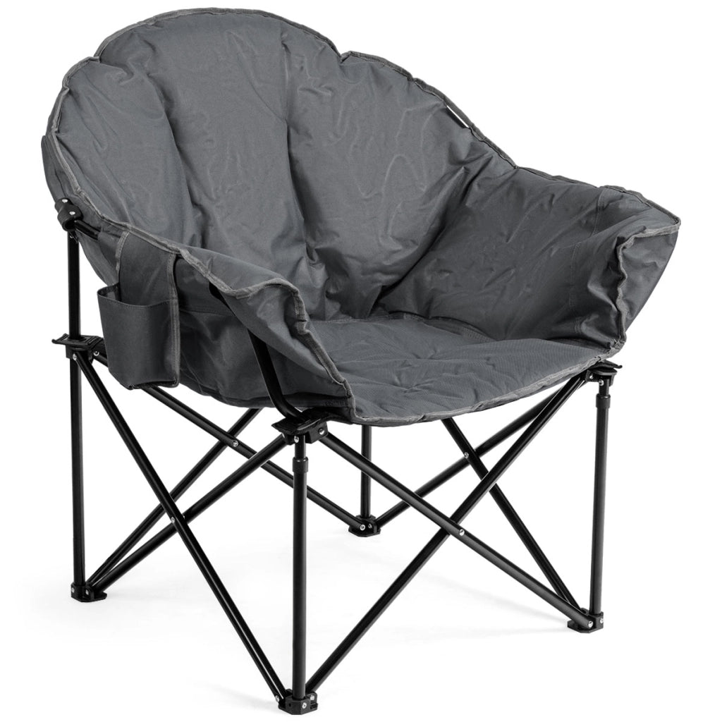 Sedia pieghevole da campeggio, Sedia rotonda con cuscino porta bicchiere e borsa di trasporto, Grigio