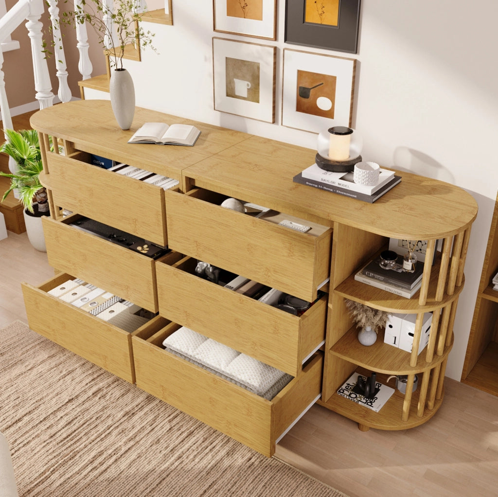 Credenza 160x40x75 cm con 6 cassetti e ripiani laterali in MDF e bambù; naturale