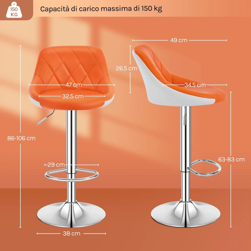 Sgabelli cucina, Sgabelli da Bar Set di 4, Sedia da Bar Girevole Regolabile in Altezza, con Schienale Poggiapiedi, Sgabello in PU da Cucina, Arancione, BH30or-4