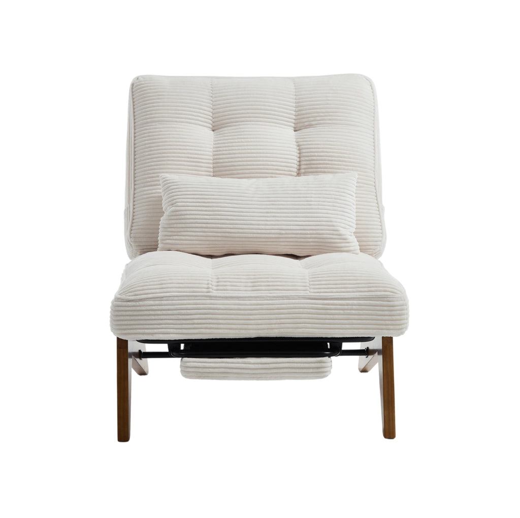 Poltrona relax reclinabile in corduroy beige con cuscino lombare e gambe in legno massello