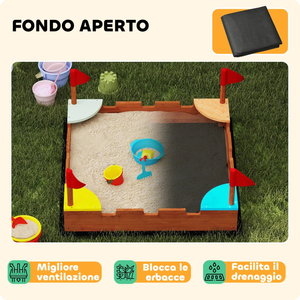 Sabbiera per Bambini 90x90x17 cm con 4 Sedute Angolari in Legno di Abete Multicolore