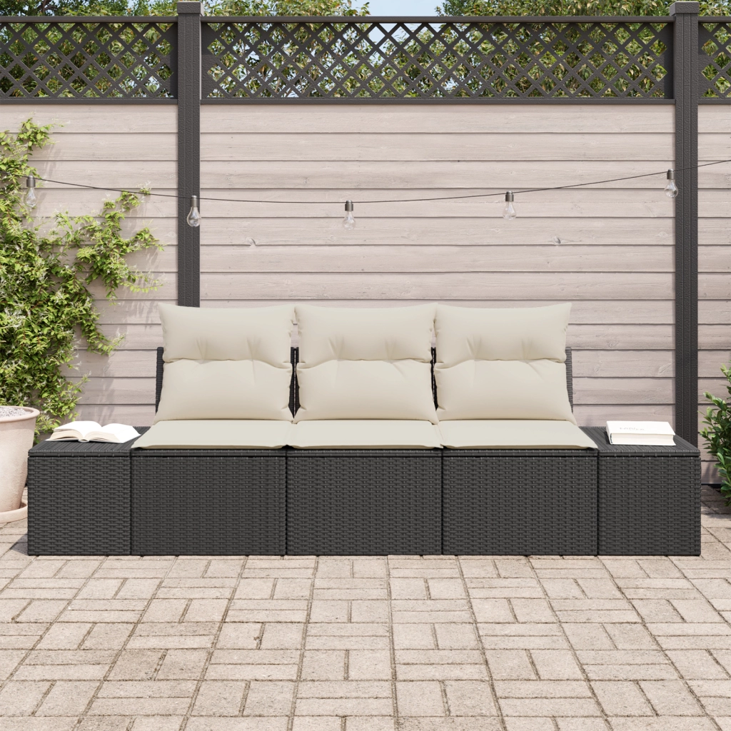 Set Divano da Giardino a 3 Pezzi con Cuscini Nero Polyrattan