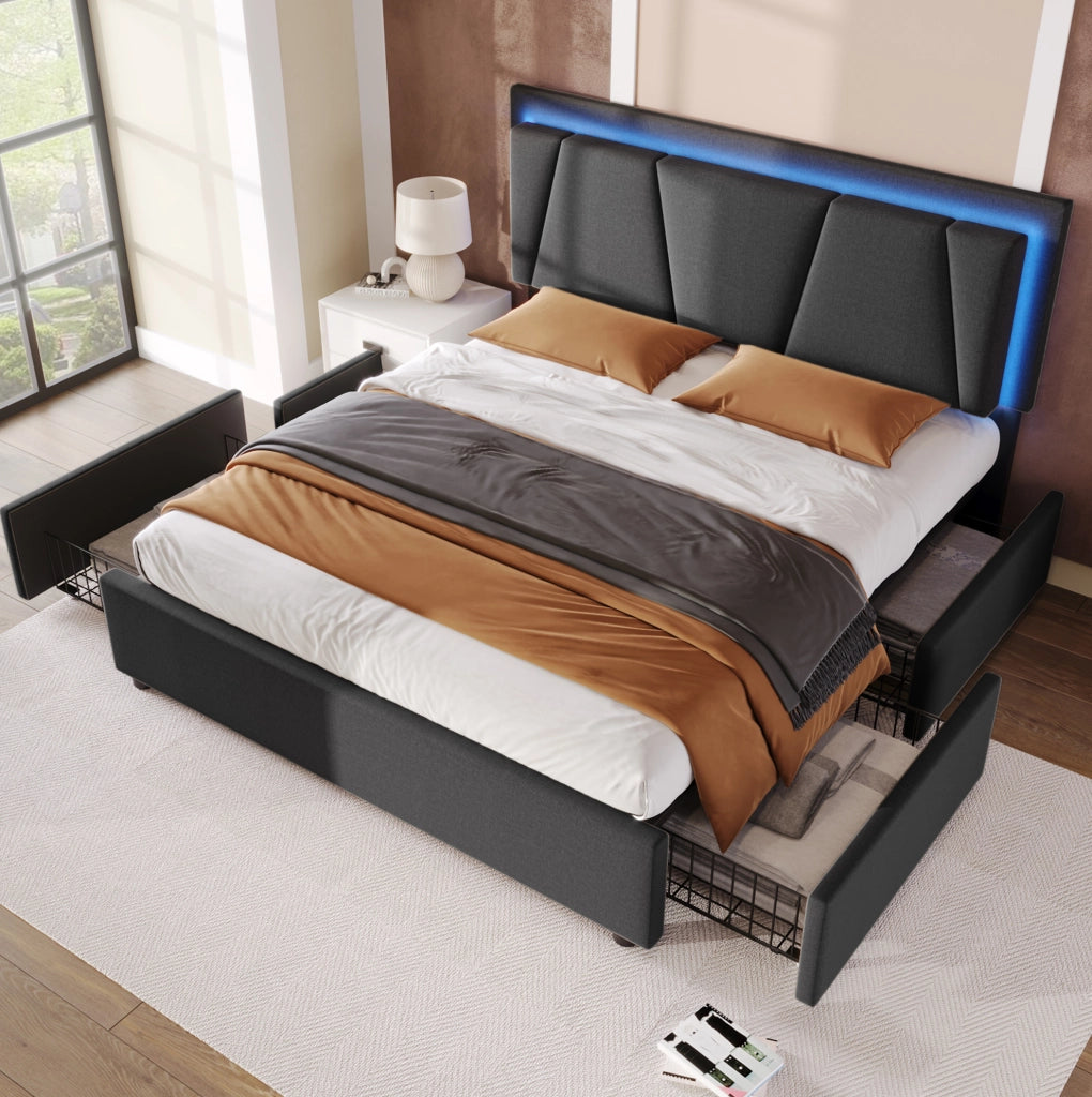 Letto matrimoniale 140x200 cm con testiera regolabile; LED e 4 cassetti; grigio
