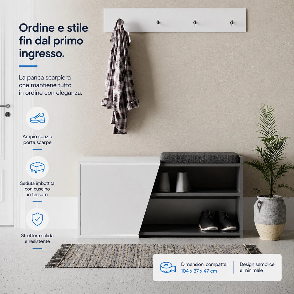 Panca Scarpiera Ingresso Casa 2 Ripiani Porta Scarpe con Anta e Cuscino Bianco
