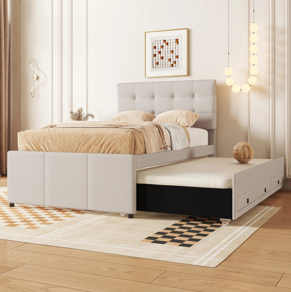 Letto imbottito singolo 90x200 cm con letto estraibile beige