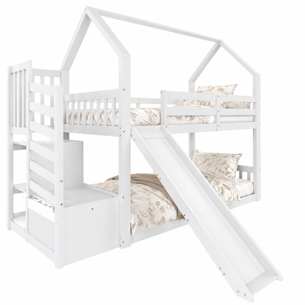 Letto a soppalco per bambini 90x200 cm in legno di pino e MDF, con scivolo e scala contenitore, bianco