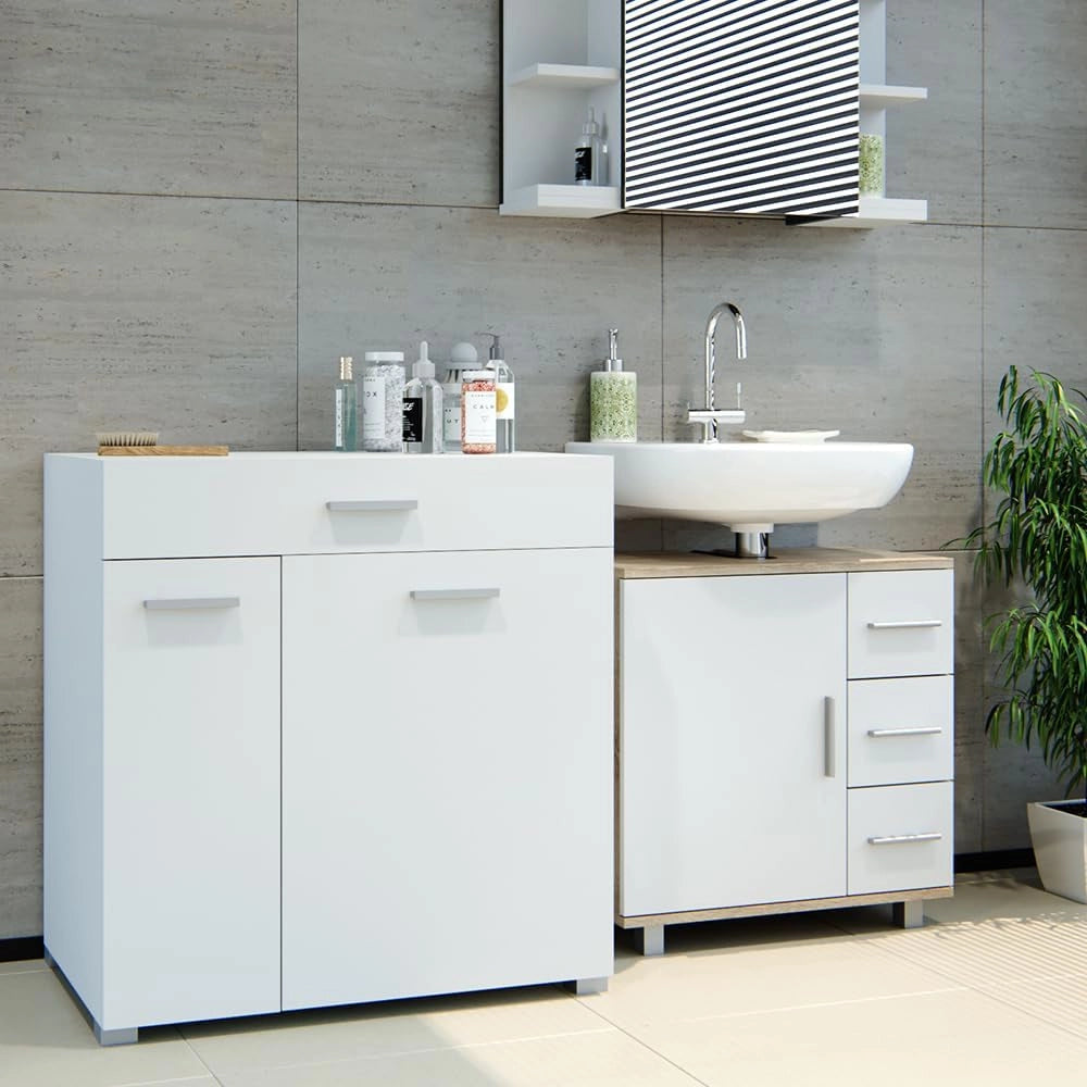 Armadietto da bagno con portabiancheria Matteo, Bianco, 75 x 78.5 cm, con cesto della biancheria integrato e soluzione salvaspazio