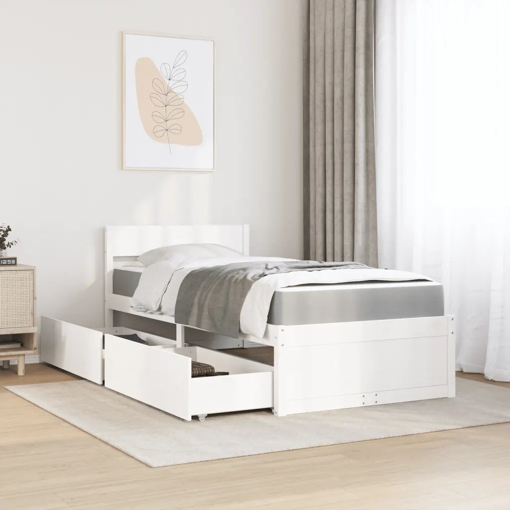 Letto Cassetti e Materasso-Struttura Letto con contenitore Bianco 100x200cm Legno Massello Pino